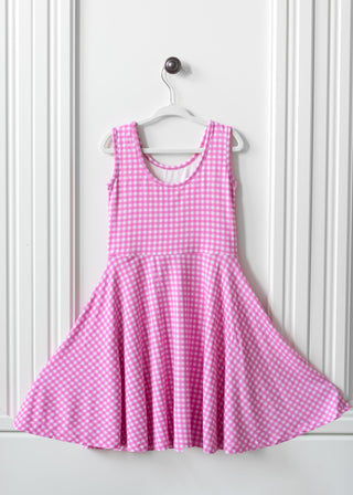 Pink Gingham Sleeveless Twirl Dress