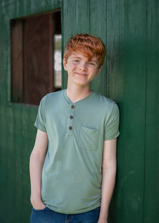 Boys Henley Tee in Sage Green - Shirts - Twinflower Creations