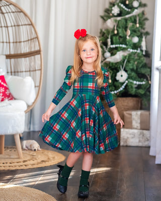 Christmas Plaid Puff Sleeve Twirl Dress - Dresses - Twinflower Creations