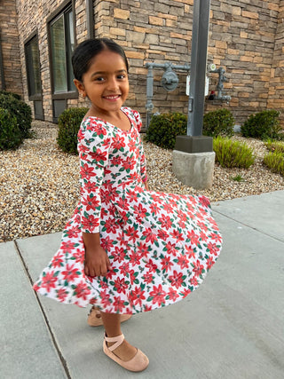 Poinsettias Puff Sleeve Twirl Dress - Dresses - Twinflower Creations